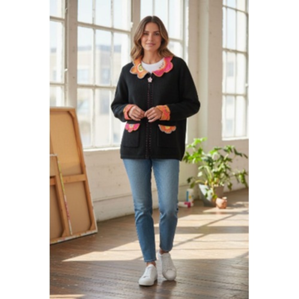 Vintage Storybook Knits Sweater Women Large Black Cardigan Crochet Floral Beaded